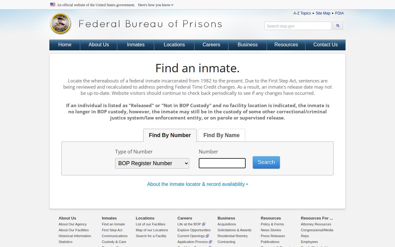 Federal Bureau of Prisons inmate locator separate from county custody